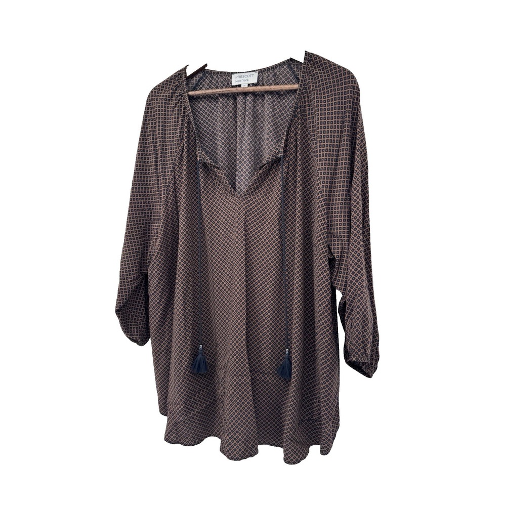 Prescott New York Brown Blouse 3X Geometric Tassels Popover Office flowy peasant